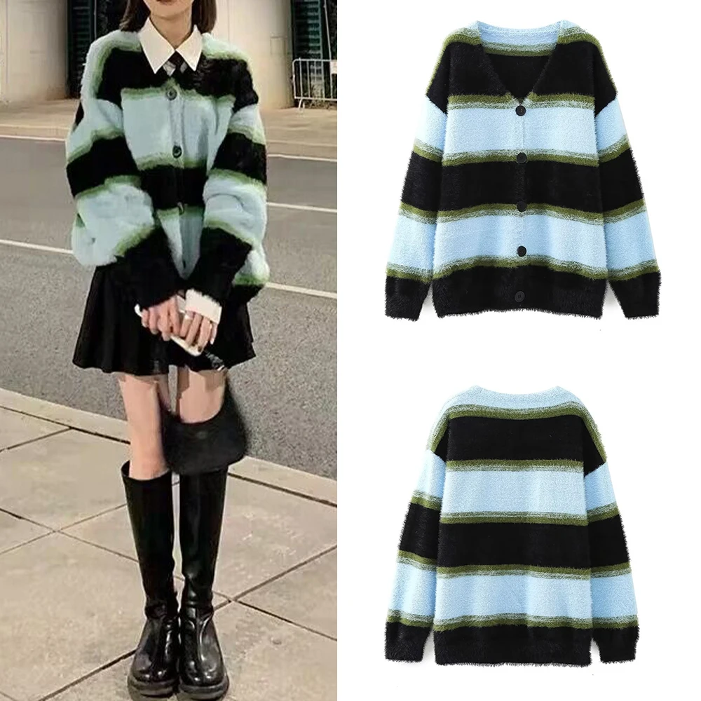 

2023 New Premium V-neck Striped Coat Contrast Loose Knitted Cardigan Top
