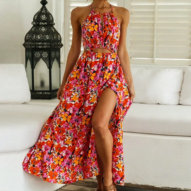 

Women's Dress Summer Sexy Floral Print Hollow Out Slit Dress Women's Fashion Spaghetti Strap Halter Bandage Backless Dress
