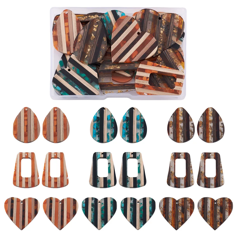 

18Pcs Resin Wood Pendants Trapezoid Oval Heart Splicing Charms for Wooden Earring Findings Jewelry Making DIY Handmade Component