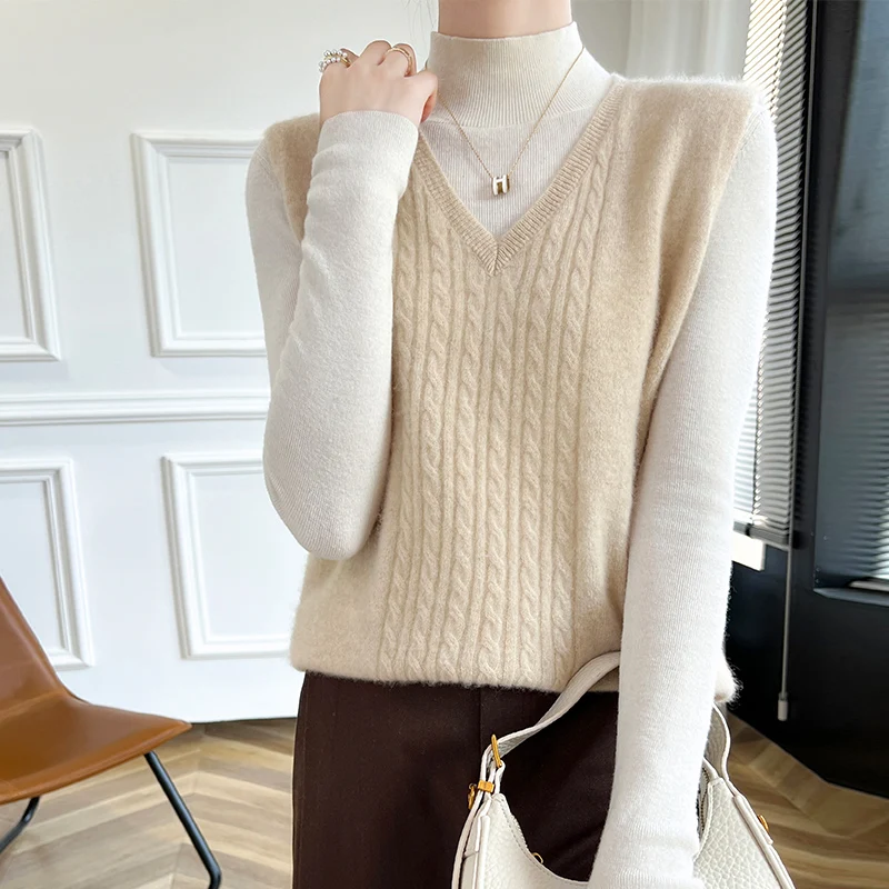 Женский шерстяной вязаный жилет однотонный Свободный с V-образным вырезом