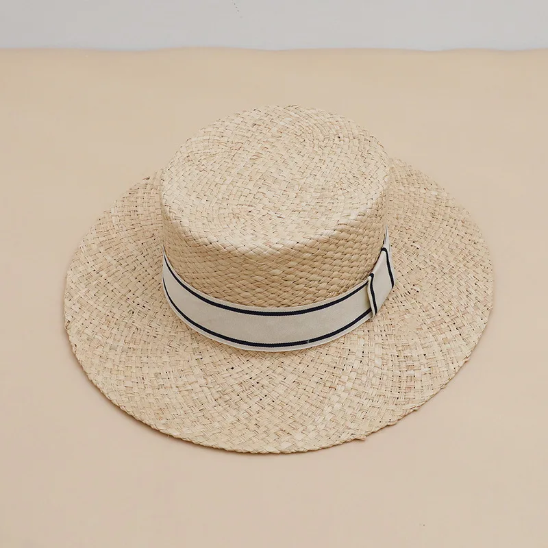 

Summer Women's New Raffi Grass Handmade Woven Straw Hat Flat Top Flat Brimmed Top Hat Sunshade Sunscreen French Vintage Beach Ha