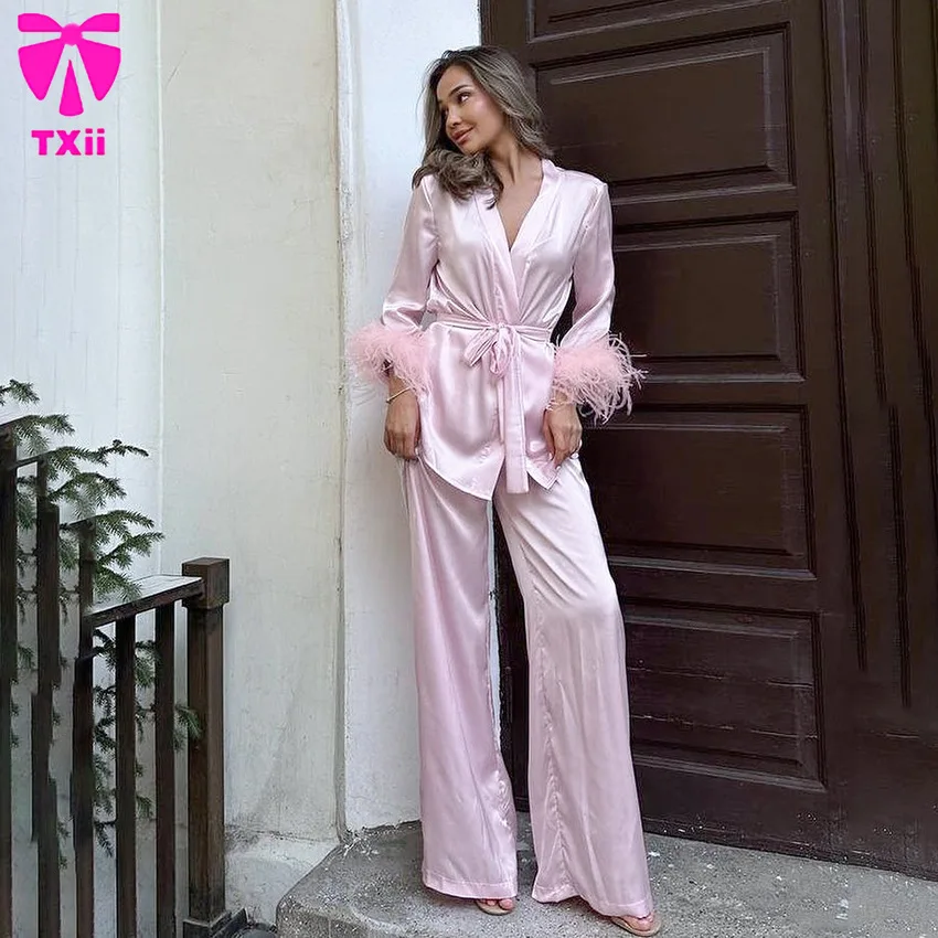 TXii 2024 осенний розовый кардиган из искусственного шелка со шнуровкой и перьями