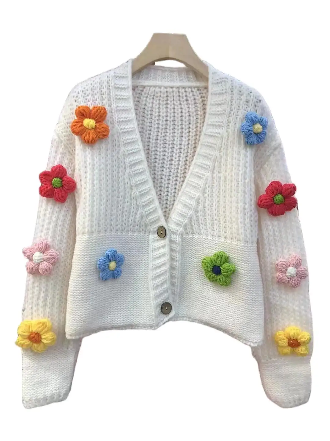 

Handmade Three-Dimensional Flower Loose Short Sweaters Fall Winter Women V Neck Knitted Coarse Yarn Cardigan Sweater Coat Female