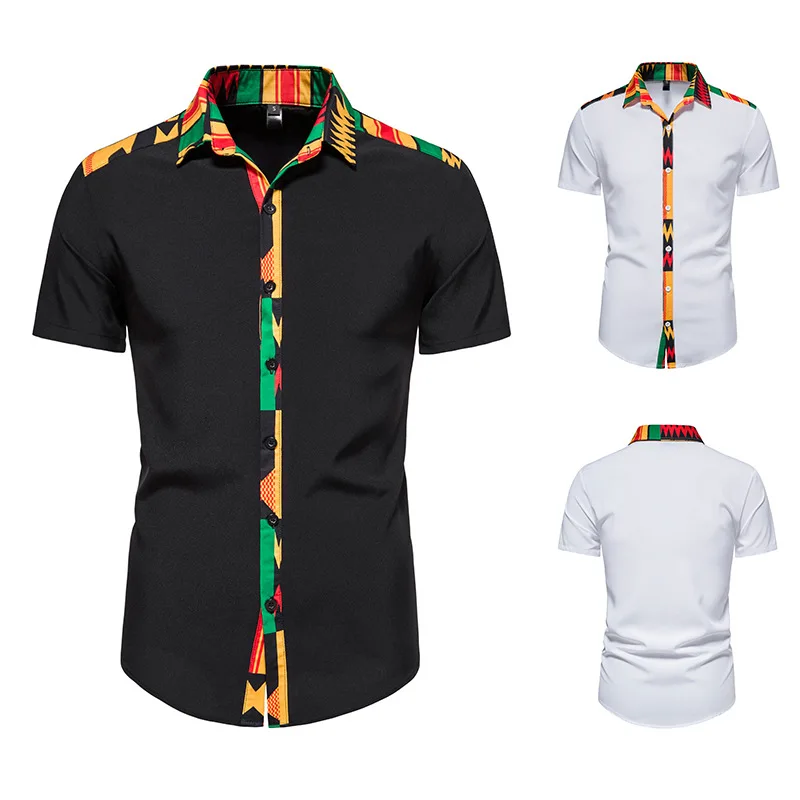 2022 New Men's Personality Shirts Short Sleeve African Print Patchwork Design Short Sleeve Button Shirts Traditional Shirts