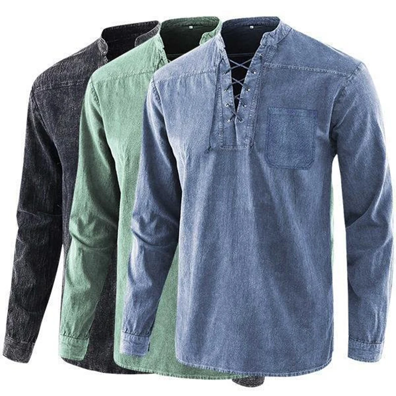 

2022 Men's Retro T-shirt Pocket Tie V-neck Denim Long Sleeve T-Shirt Loose Top S-5XL