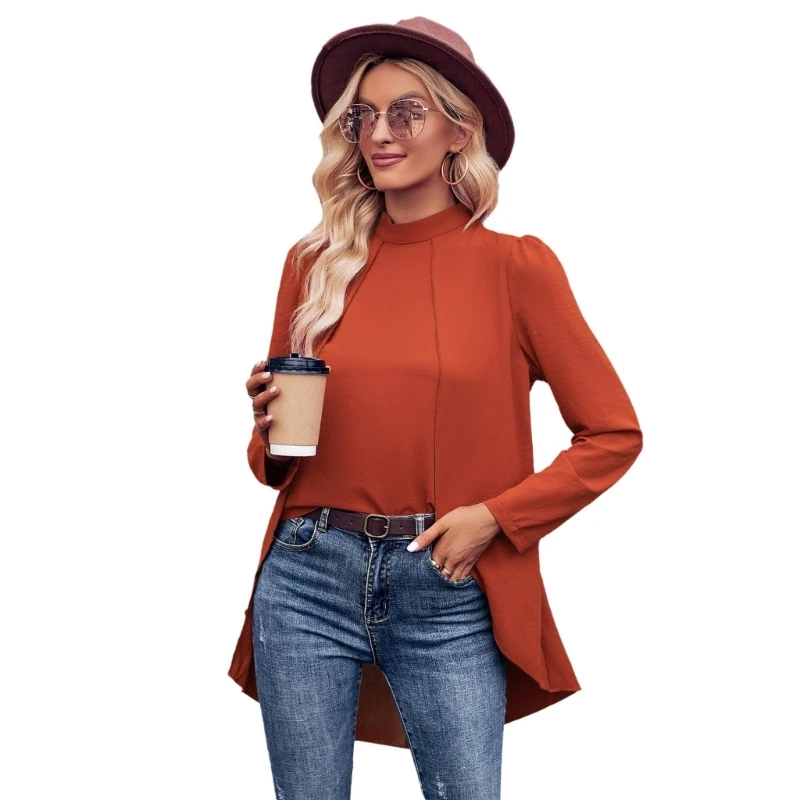 

Womens Mock Neck Pleated Solid Color Long Sleeve Blouses Office Shirt Top Female Casual Loose Blouses Shirt