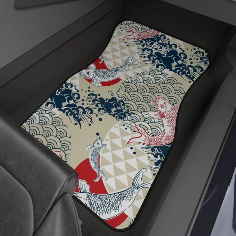 

Blue and Red Koi Fish and Water Wave Cirlces Car Mats (2x Front), Car Floor Mats