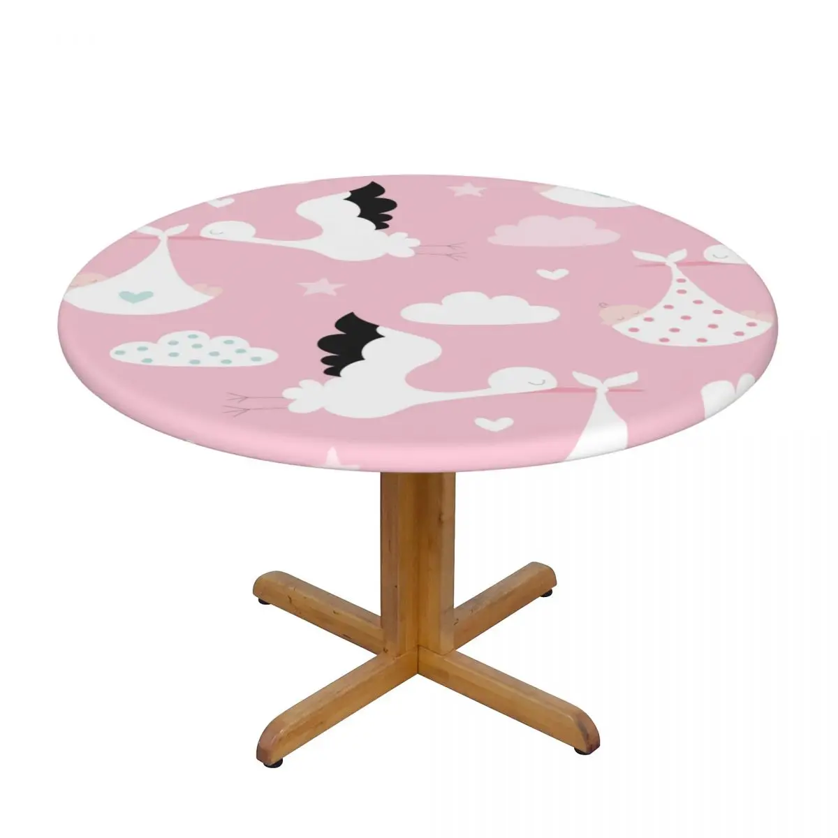 

Round Table Cover for Dining Table Elastic Tablecloth Cute Stork With Baby Pattern Fitted House Hotel Decoration