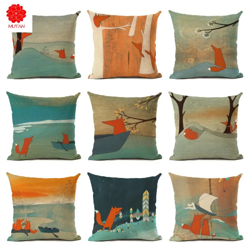 

Cute Cartoon Fox Printing Decorative Pillowcase Creative Fox Cotton Linen Throw Pillow Case Pillow Cover kussensloop almohada