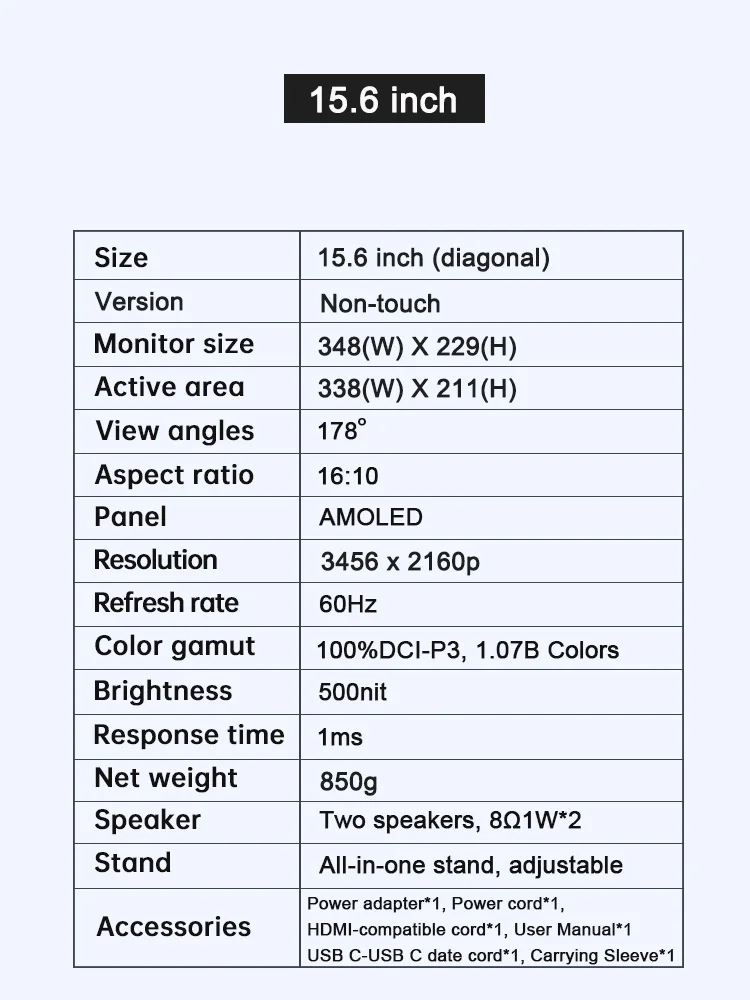 VCHANCE 15,6-дюймовый портативный монитор 4K 3456*2160p 100% DCI-P3 500 нит офисный дисплей для ПК, ноутбука, телефона, переключателя XBox Macbook (art.: 3920cb3bc011d) - 3920cb3bc011d