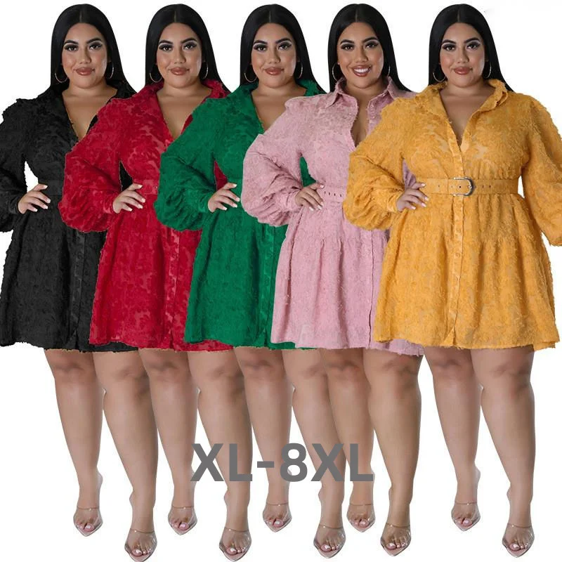 Plus Size Lace Women Long Sleeves Shirt Dress Belt Fashion Turn Down Neck Buttons Elegant Casual Part 3xl 4xl 5xl 6xl