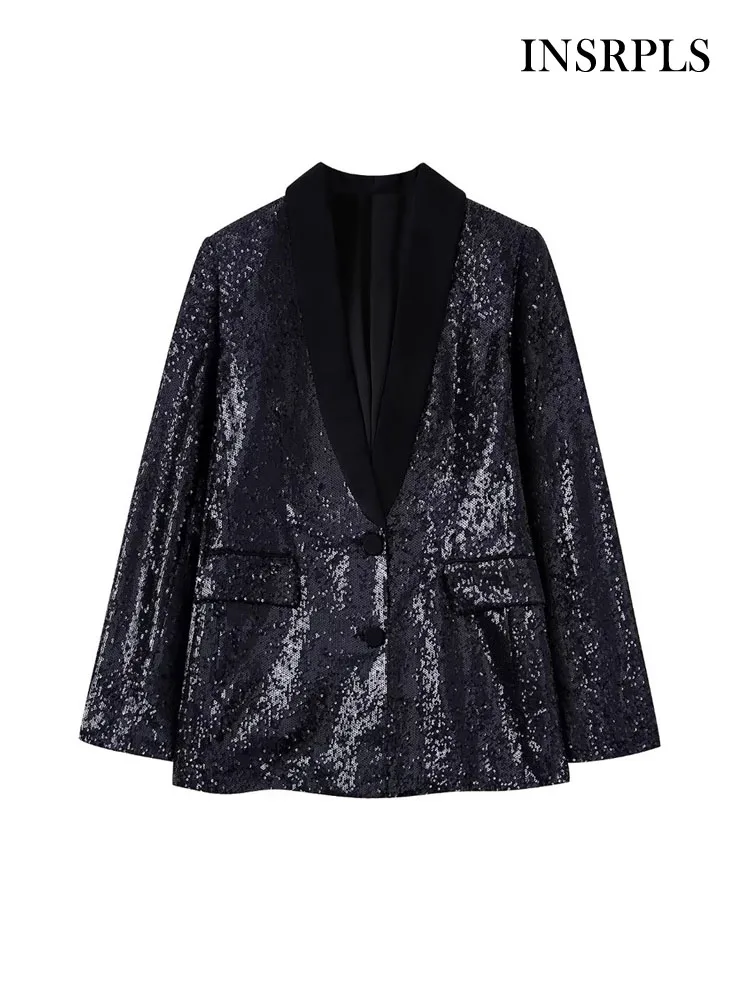 

INSRPLS Women Fashion Front Button Sequins Blazer Coat Vintage Long Sleeve Flap Pockets Female Outerwear Chic Vestes Femmes