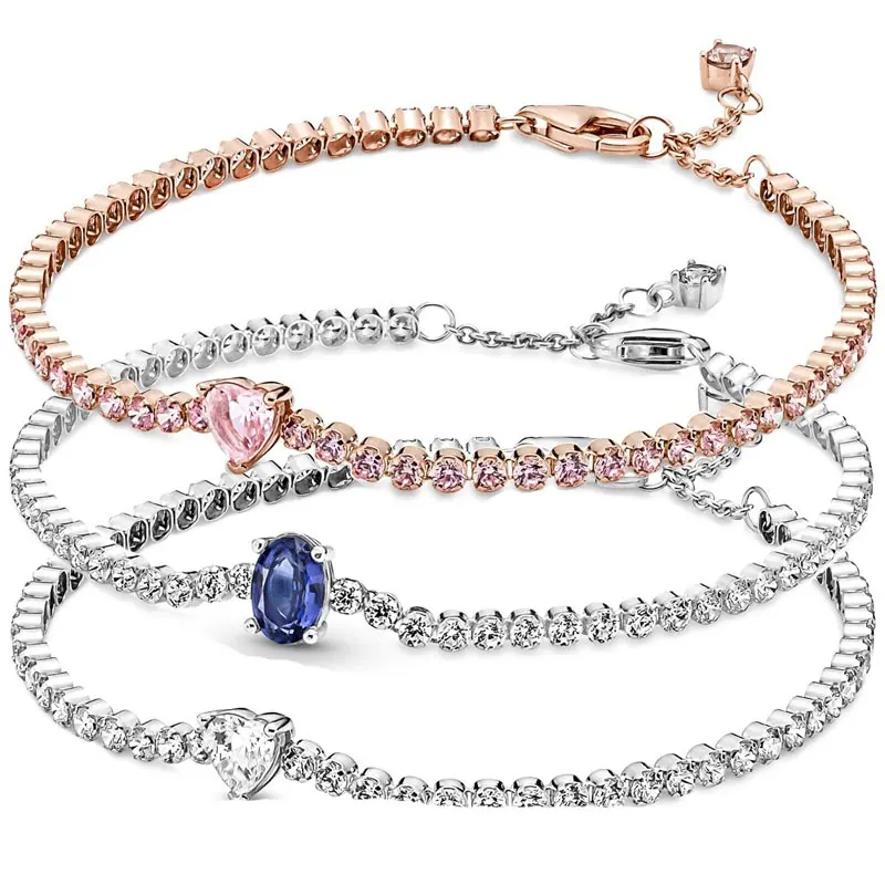 

Rose Sparkling Clear Pink Blue Heart Tennis With Crystal Bracelet 925 Sterling Silver Bangle Fit Europe Bead Charm Diy Jewelry