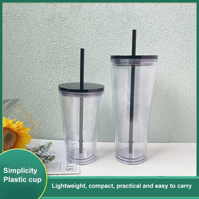 

500/710ml New Plastic Cup Transparent Cup Straw Cup Double Layer PP Plastic Straw Comfortable Multipurpose Portable For Home