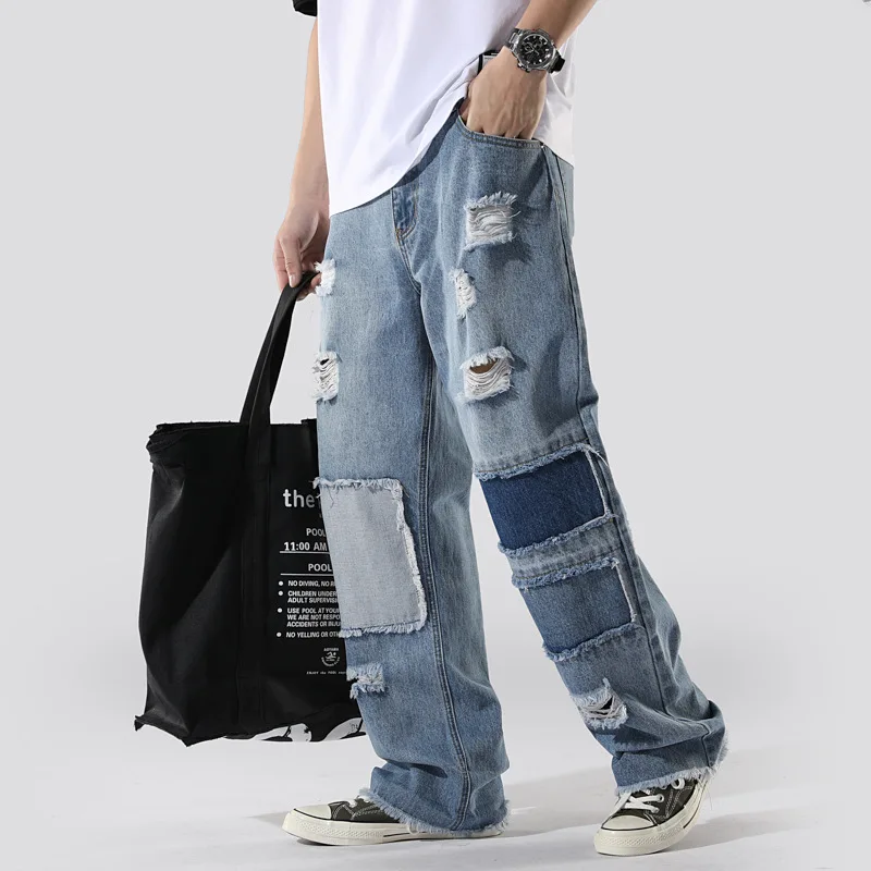Men's Jeans Holes Loose Straight Old Patch Beggars Pants Hip Hop Trousers Full Length Denim Pants Streetwear Men