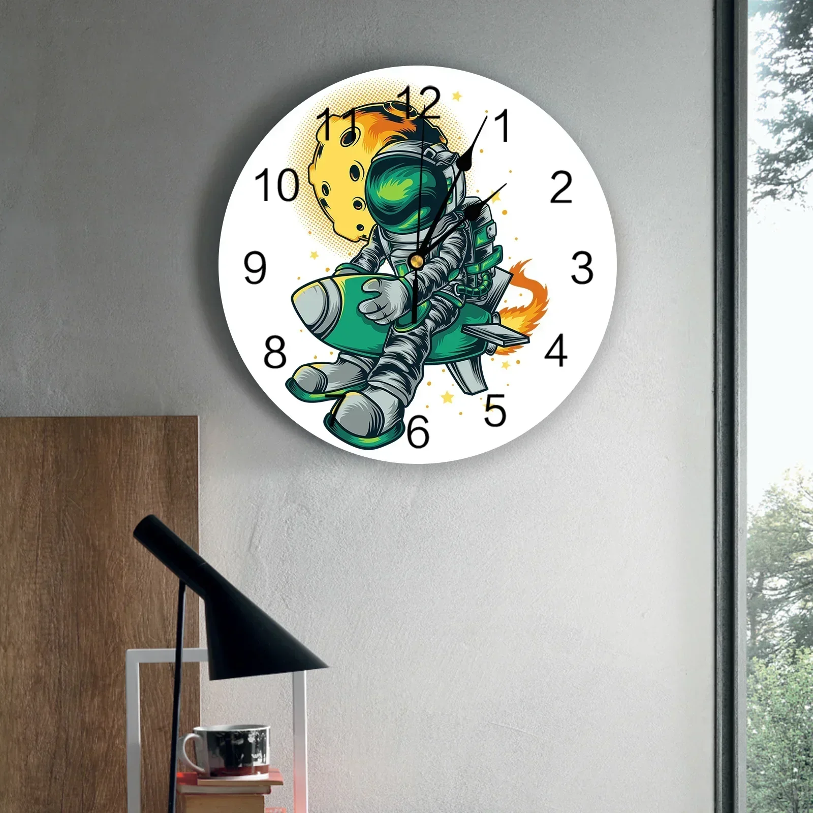Космонавты и ракеты планеты иллюстрации настенные часы современный дизайн