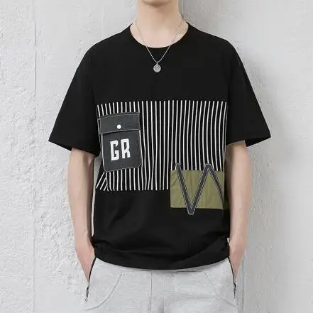 

Fashion Trend Pocket Crew Neck Top Clothes Summer Teen Loose Workwear T-Shirt Striped Short Sleeve T-Shirt