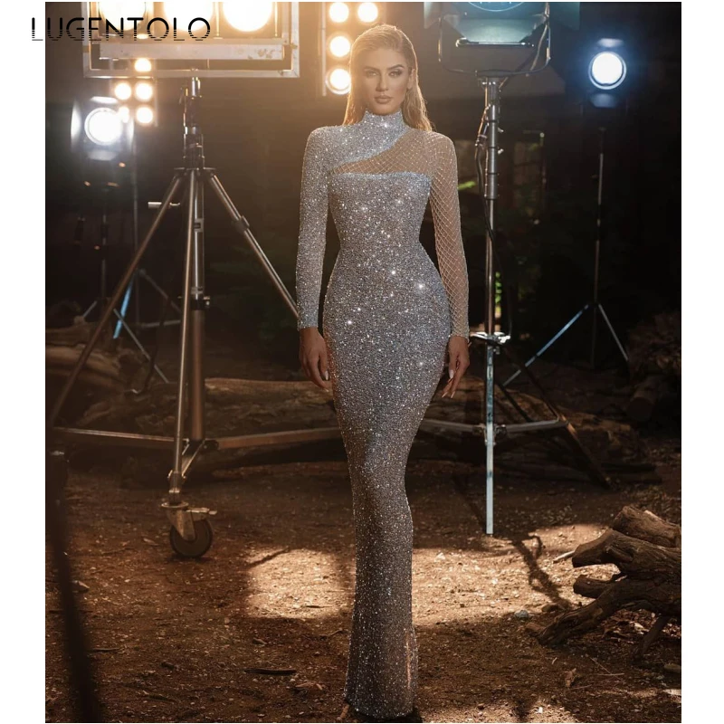 

Women Sexy Dress Long Sleeve Party Slim Sequins Elegant Dresses O-neck Female Dinner Empire Spring Long Dress