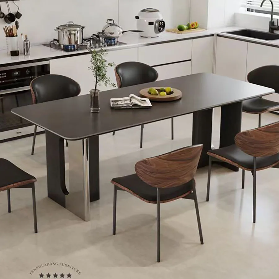 Moderner Luxus Rechteckiger Esstisch Stilvolle Beine aus Kohlenstoffs tahl Marmorplatte Home Wohnzimmer Hotel Küche Metall
