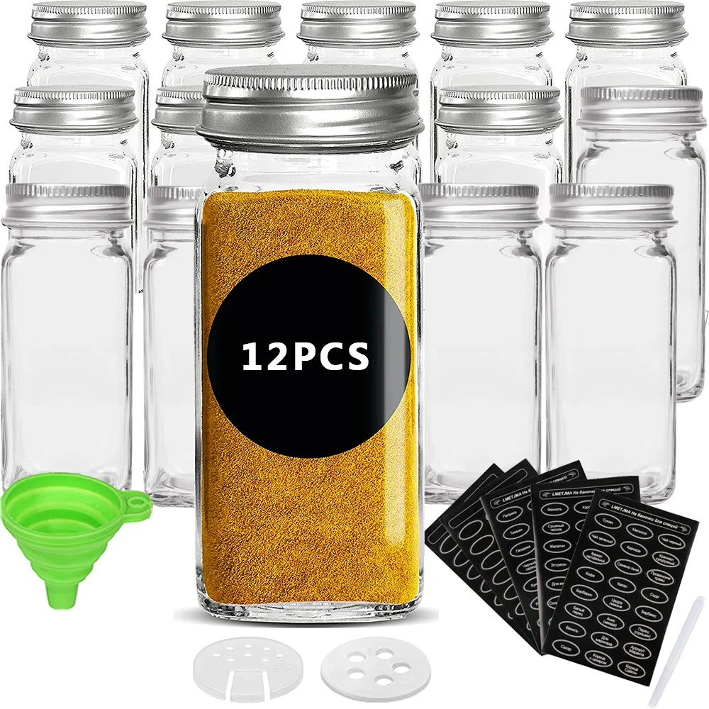 

12 Pcs Spice Jars Set Glass Condiment Bottle with Lid Stickers Seasoning Storage Box Salt and Pepper Shakers Kitchen Organizer