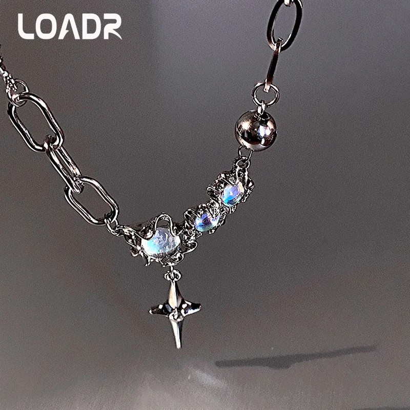 

LOADR Luxury Star Light Moonlight Stone Splicing Necklace Simple Cross Pendant Silver Chain Necklace Wedding Party Women Jewelry