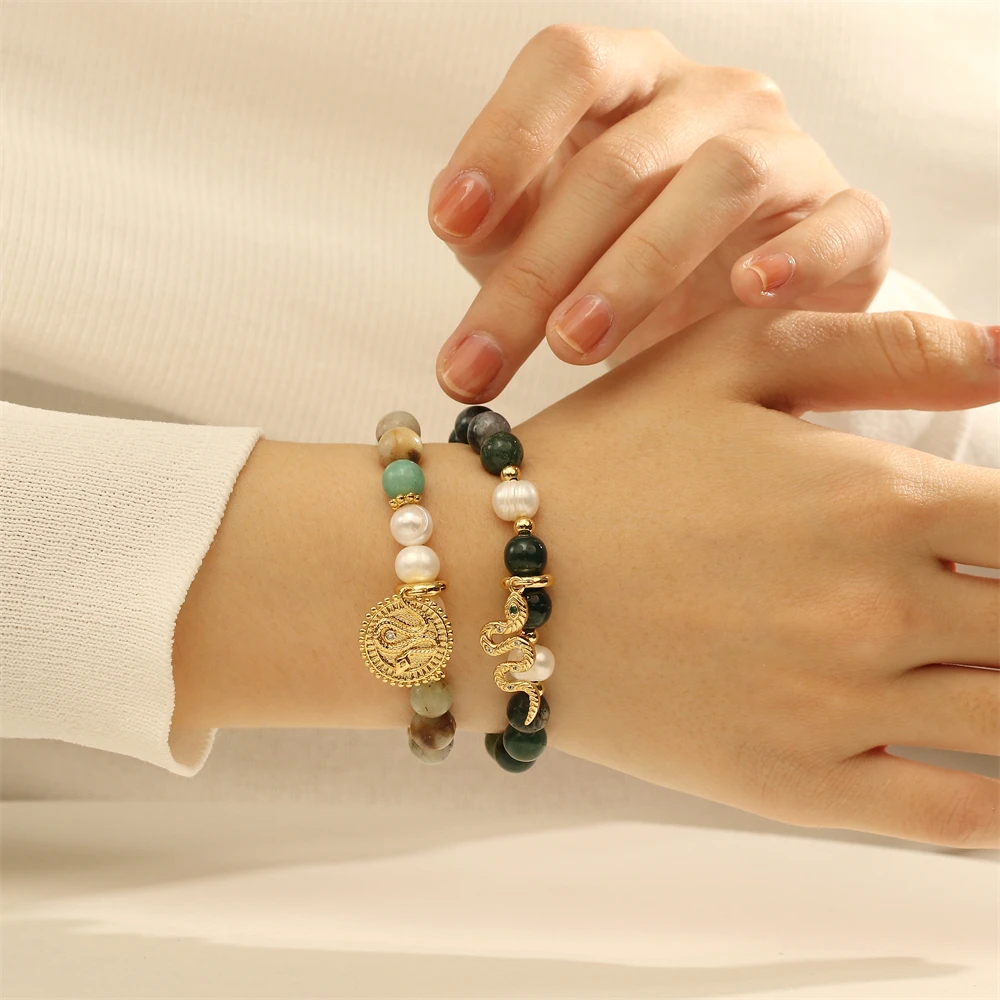 

Boho Animal Snake Bracelet Personalized Fashion Natural Stone Beaded Elastic Bangle Charm Jewelry For Women Daily Party Wearing