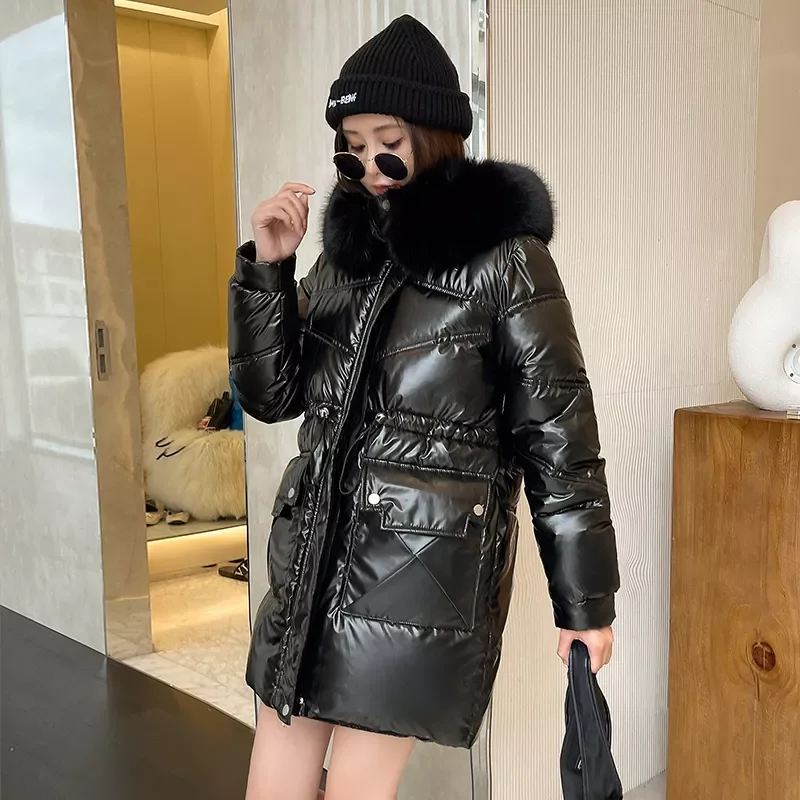 Long Parka Glossy Hooded with Fur Ladies Casual Winter Jackets Pockets Long Sleeve Zipper Fashion Outwear for Female