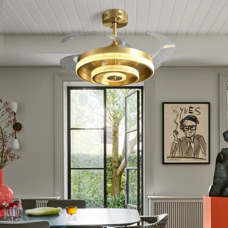 

Art Led Ceiling Fan Pendant Lamp Light Chandelier luxury copper lampshade invisible simple bedroom living atmosphere dining room