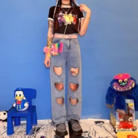 hollow out heart pants women jeans hip hop commute blue vibe style summer high waist baggy denim straight casual ripped trousers