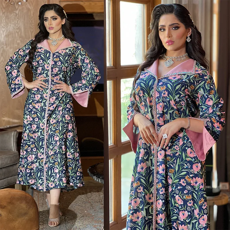 

Женское платье с длинным рукавом, этническое платье с цветочным принтом, V-образным вырезом и стразами