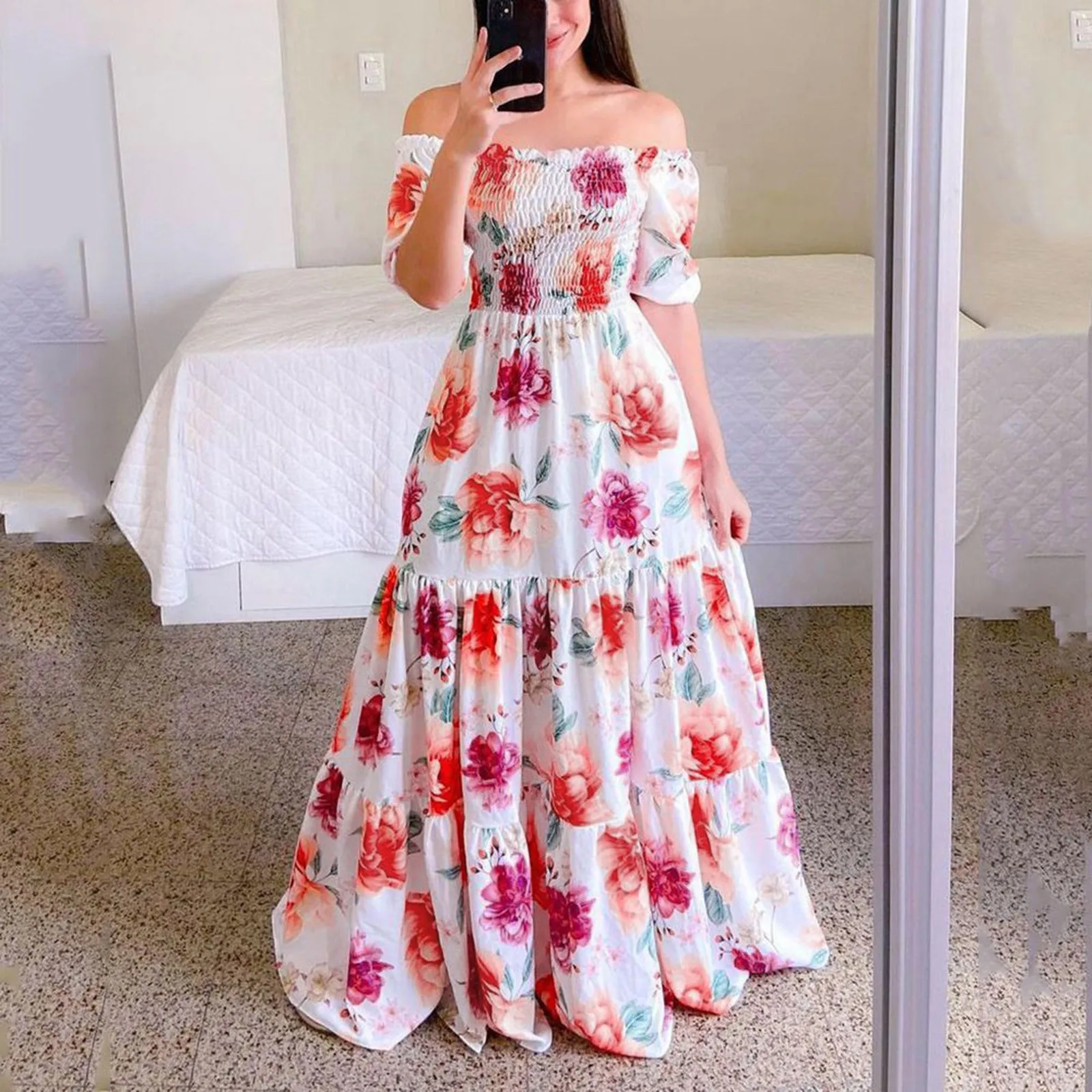 

Dresses Women Casual Long Summer Women’s Off Shoulder Maxi Dress Fower Short Sleeves High Waist Pleated Spring Womens Dresses