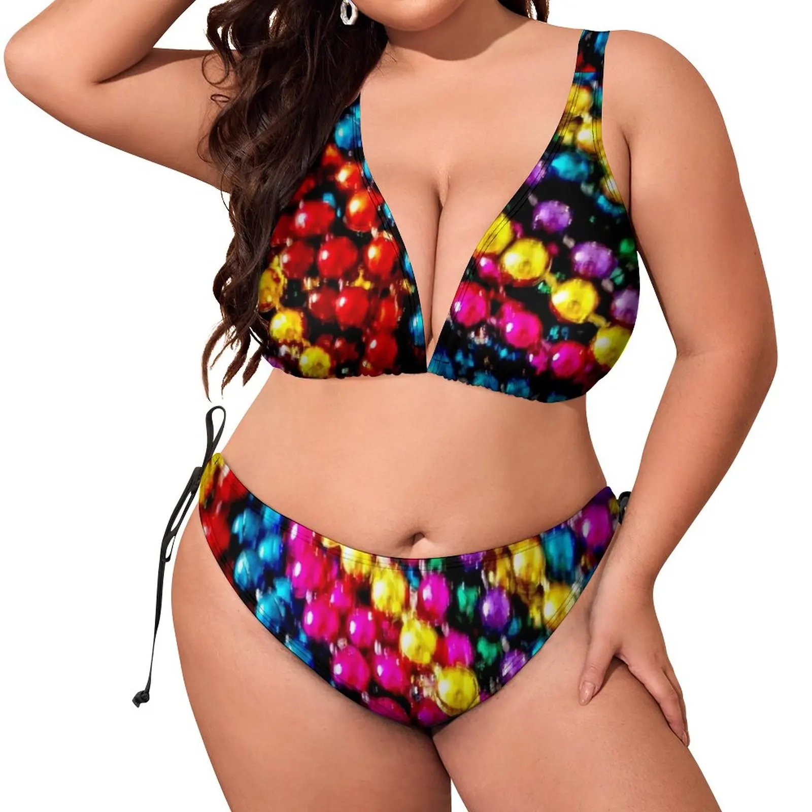 

Mardi Gras Beads Bikini Swimsuit Modern Art Print Swimwear Sexy Trendy Bikinis Set Bath Adjustable Oversize Bathing Suit Biquini