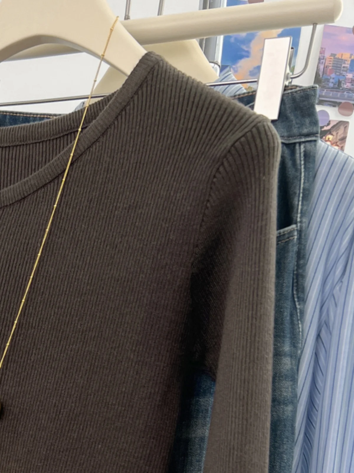 Guangzhou Thirteen Lines European Goods Coffee Color Oblique Collar Fleece Knit Sweater Women Autumn and Winter Slim fit Inne...