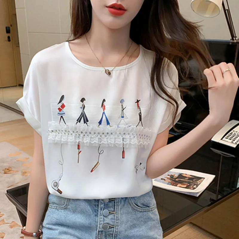 

2022 Summer New High-end Satin Simulation Silk Slim Besign Shirt Top Women's Printing Temperament Shirt Women