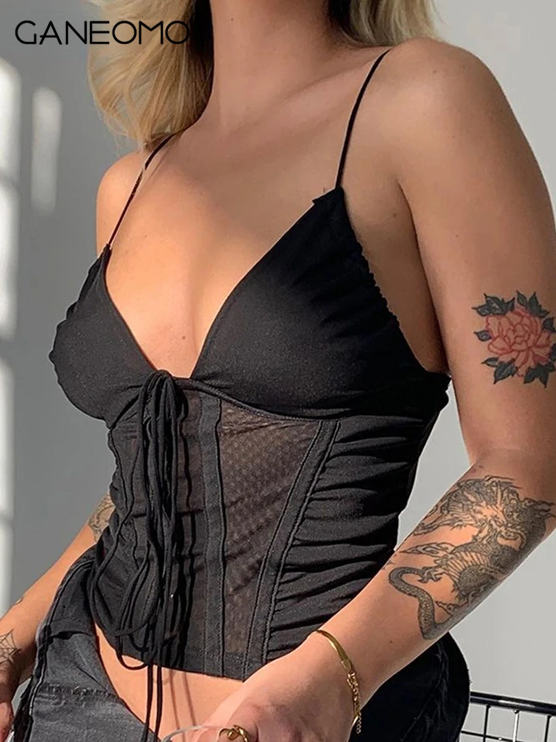 

Женский прозрачный укороченный топ, черный плиссированный топ на бретельках, облегающая уличная одежда, Y2K, лето 2022