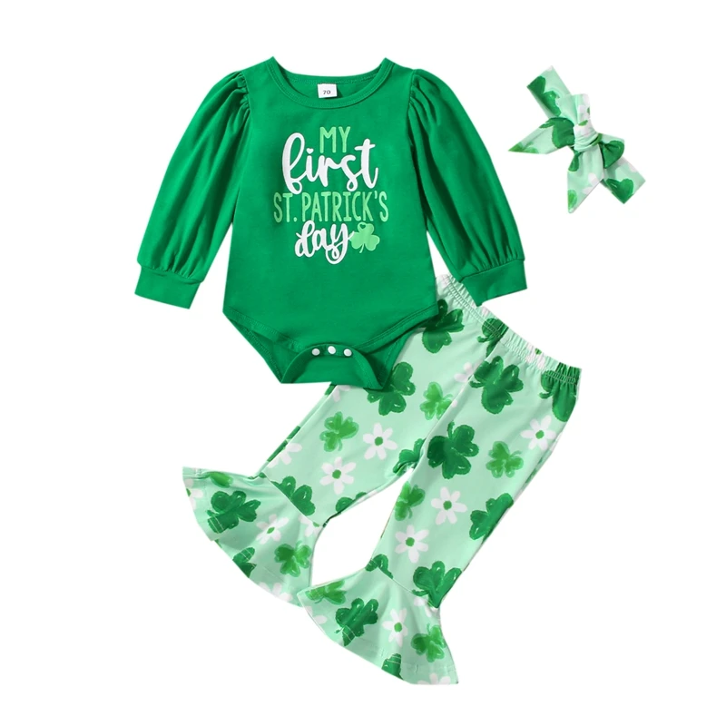 

Toddler Girls Clothes 3Pcs St Patricks Day Long Sleeve Round Neck Letters Print Romper Tops Long Pants Casual Outfits+ Headband