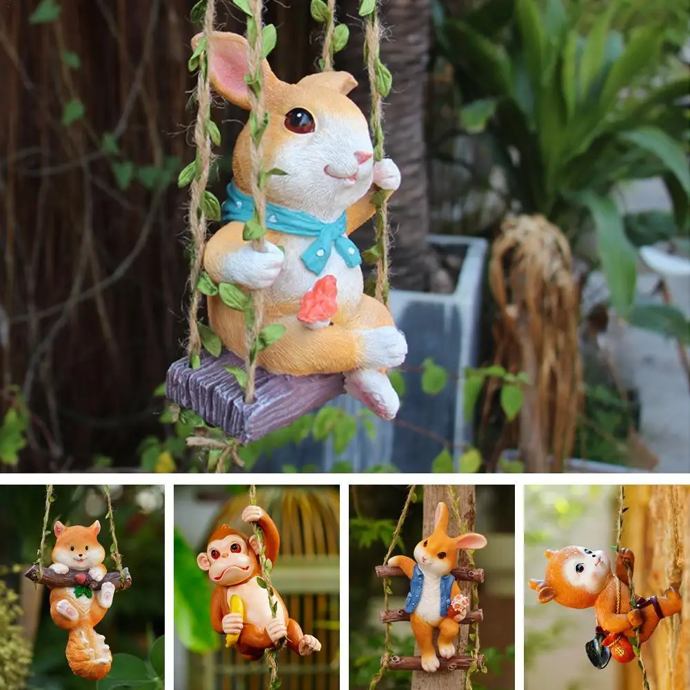 

Swing Animal Statue Garden Ornament Cute Resin Figure Funny Rabbit Garden Decor Animal Sculpture For Backyard Balcony Craft Gift