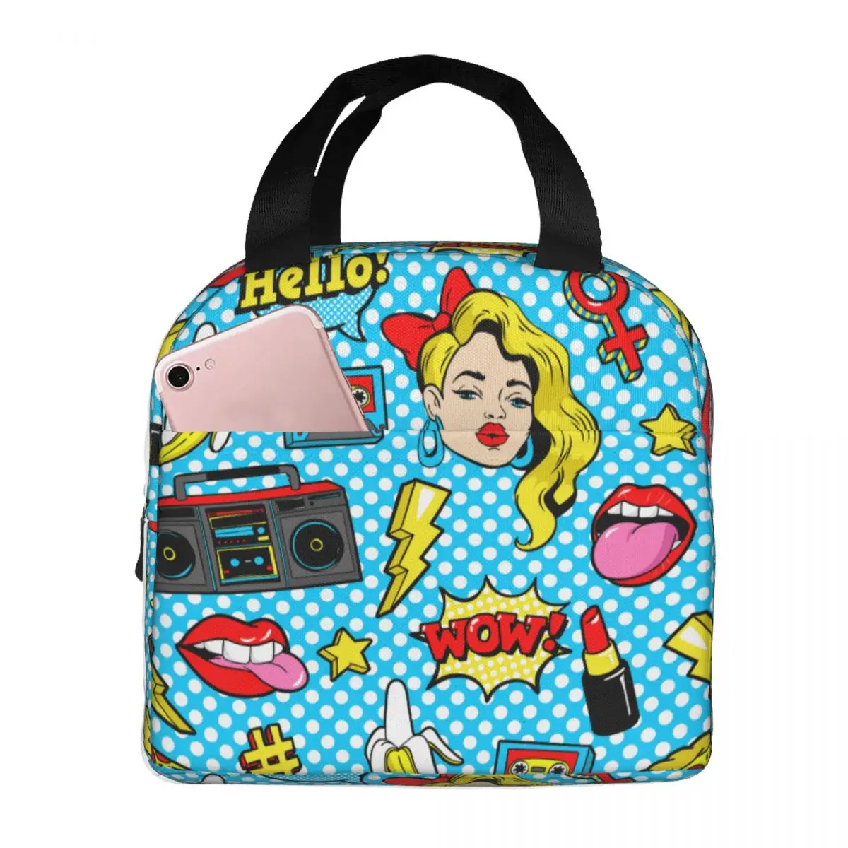 80s 90s Pop Art Comic Style Lunch Bag Portable Insulated Oxford Cooler Thermal School Lunch Box for Women Girl