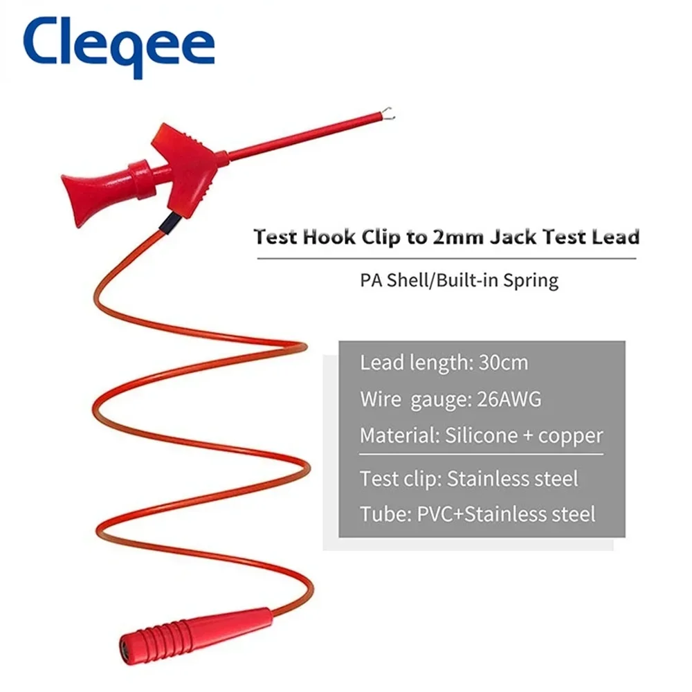 Фото Тестовые зажимы Cleqee P1511B (2 шт.) для SMD-микросхем, с внутренней пружиной, силиконовым кабелем 26AWG и разъемом 2 мм для мультиметра, 20В/5А №3