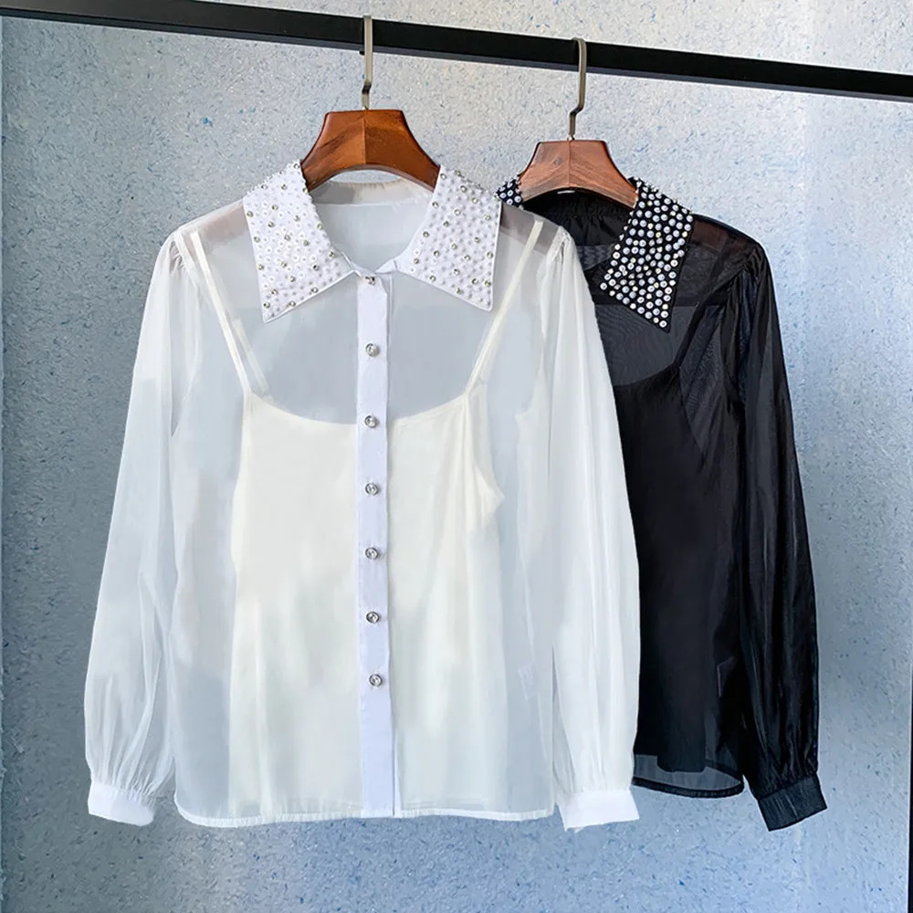 2022 Spring Summer Elegant OL Black/White Shirts Fashion Women's High Quality Beading Organza Blouses Top C273