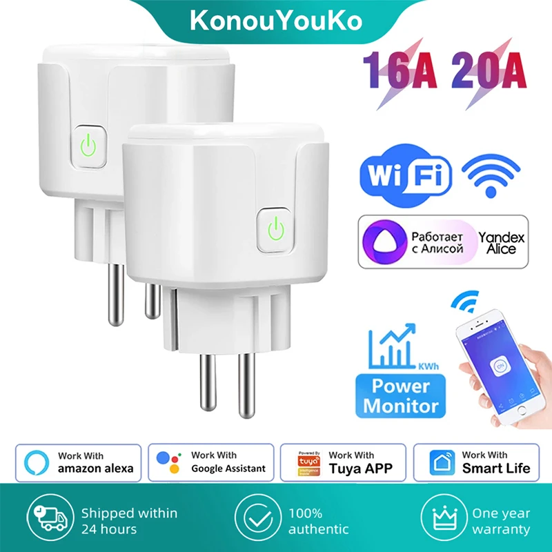 

20A 16A Tuya WiFi EU Smart Plug Outlet Power Monitor Wireless Socket Smart Life Remote Timer Control Support Alexa Google Home