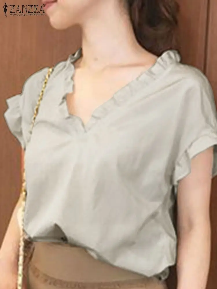 

2023 ZANZEA Women Summer Short Sleeve Tops Ruffled Hem Blouse Loose Shirts Casual Tops Solid Tee Tunic OL Lady Work Blusas