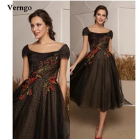 verngo black dotted tulle prom dresses scoop neck cap sleeves flowers vintage tea length evening gowns women formal party dress