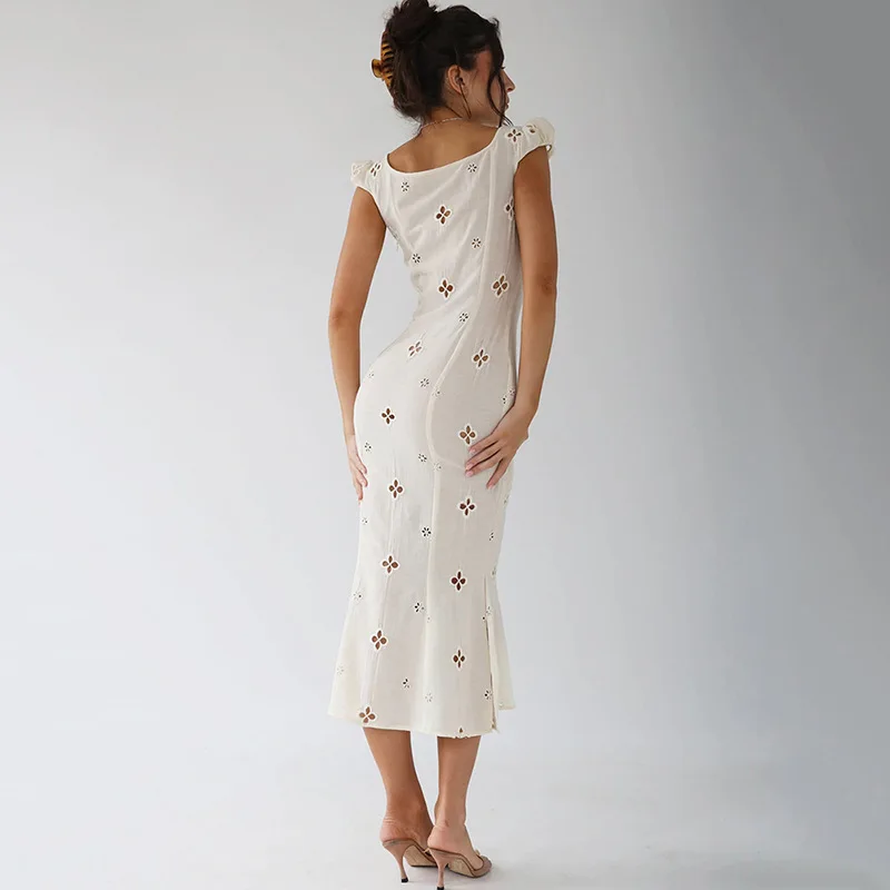 European And American Style Hook Flower Perspective Dress Women'S Fashion Sexy Solid Color Shoulder Bag Open Back Long Skirt