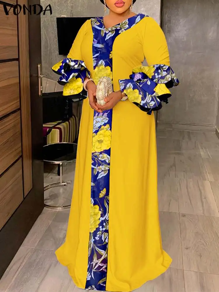 

VONDA Female Casual Summer Bohemian 3/4 Sleeve Dress Vintage Printed Sundress Party Maxi Vestido Women Pleated Ruffled Long Robe