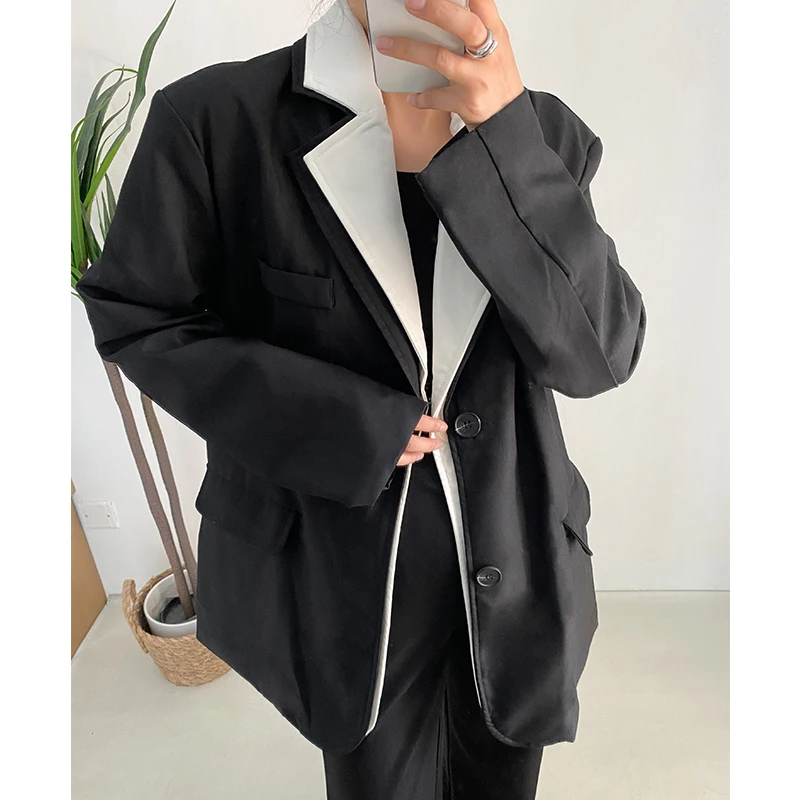 

SuperAen Korean Design Suit Coat Black and White Contrast Double Collar Loose Casual Streetwear Fashion Suit Blazer