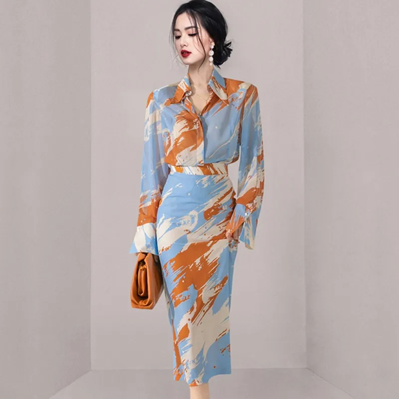 

2022 Autumn Winter Two-Piece Sets Korean Version Temperament Women Printed Shirt Tops + Fashionable Bag Hip Skirt Suit