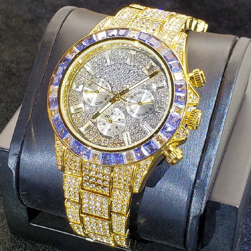 

Top Brand Luxury Watch For Men Purple Diamond Bezel Quartz Watches Chronograph Dial Luminous Japan Movement Waterproof Clock