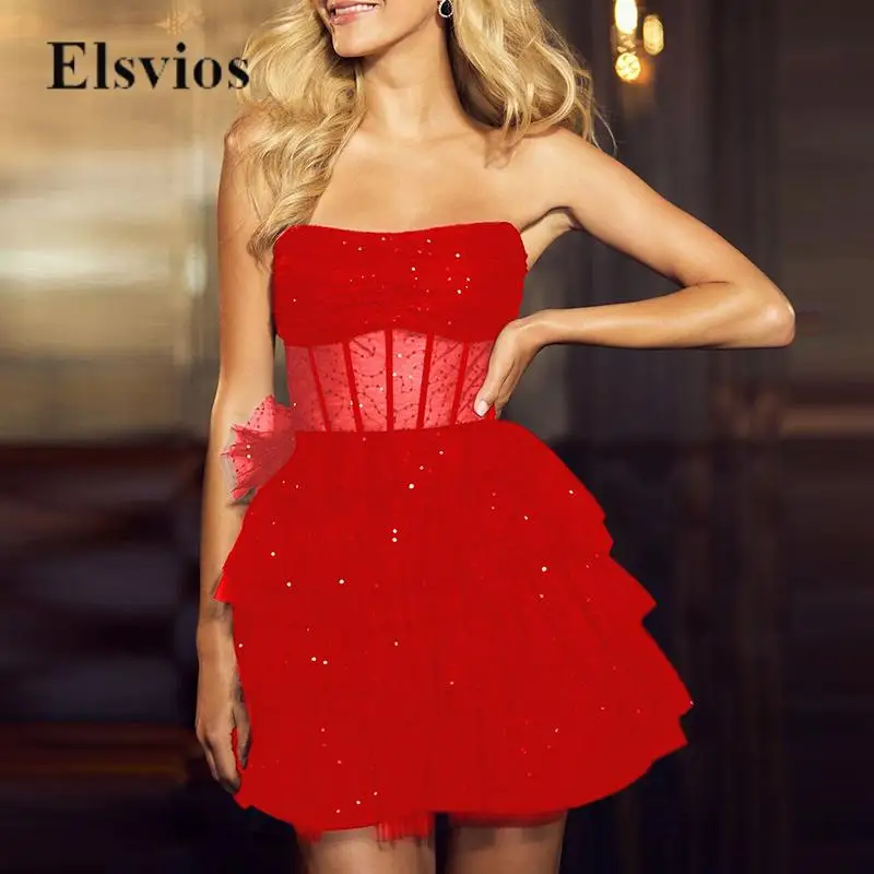 

Shiny Glitter Sequin Princess Mesh Dresses Sexy Strapless Off Shoulder Party Dress Fashion Elegant Women Ruffles Cake Mini Dress