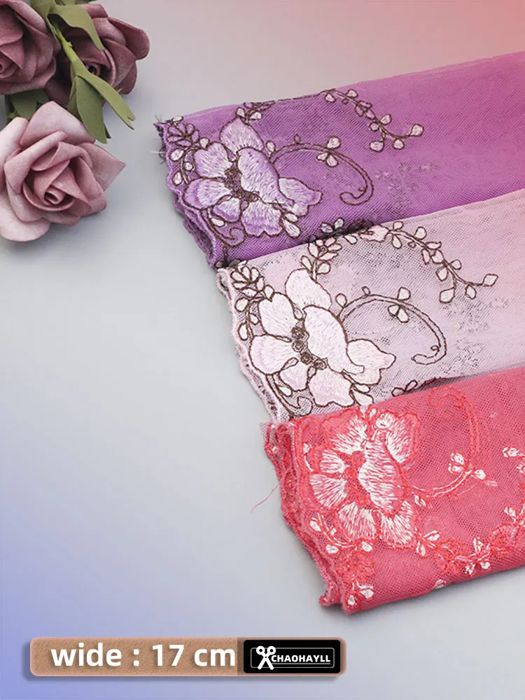 

19 ярдов 17 см широкая фиолетовая красная вышитая Тюль сетчатая ткань для шитья бахромой свадебное платье аппликация шторы кружевная ткань ш...